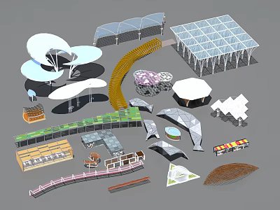 Modern Architectural Pavilions With Various Curved Geometric Shapes And Glass Roofs 3d model