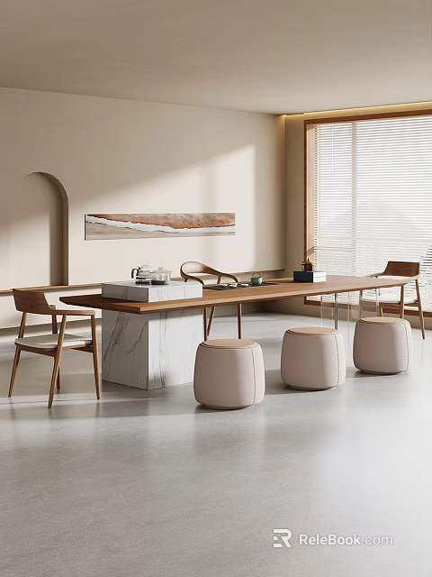 Modern Wooden Tea Table and Chairs with Marble Top White Stools and Natural Light 3d model 