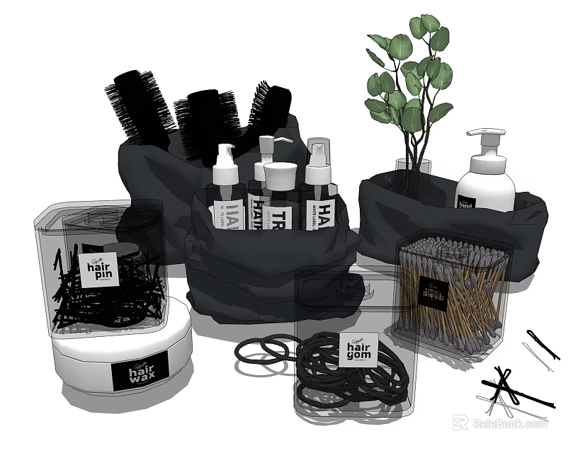 Modern Elegant Perfume Cosmetics With Bottles Brushes And Decorative Plant 3d model 