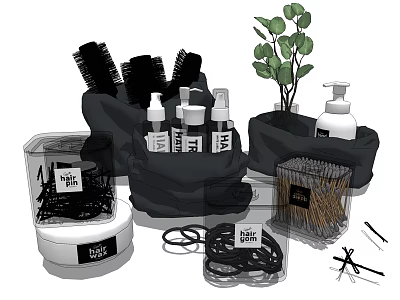 Modern Elegant Perfume Cosmetics With Bottles Brushes And Decorative Plant 3d model