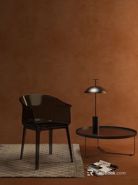 Black Leisure Chair In Modern Interior With Round Side Table And Table Lamp 3d model