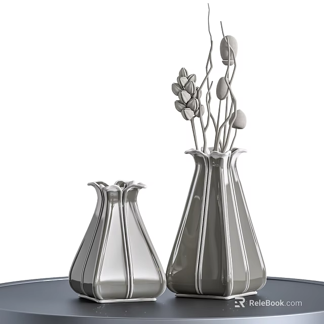 Silver Metallic Conical Vases With Minimalist Flower Stems And Decorative Blooms 3d model 