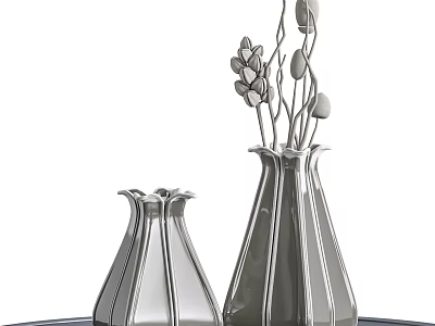 Silver Metallic Conical Vases With Minimalist Flower Stems And Decorative Blooms 3d model