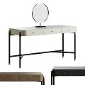 Modern White Dressing Table With Three Drawers Black Metal Legs And Round Mirror