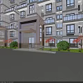 Modern Residential Building Entrance Gate With Glass And Metal Design And Green Plants Near Balconies