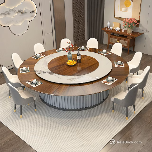 Elegant Round Dining Table Set With Wooden Marble Top White Chairs And Tableware 3d model