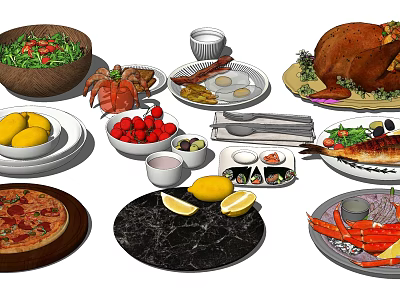 Assorted Delicious Foods Including Turkey Pizza Lobster Fish And Fresh Fruits 3d model