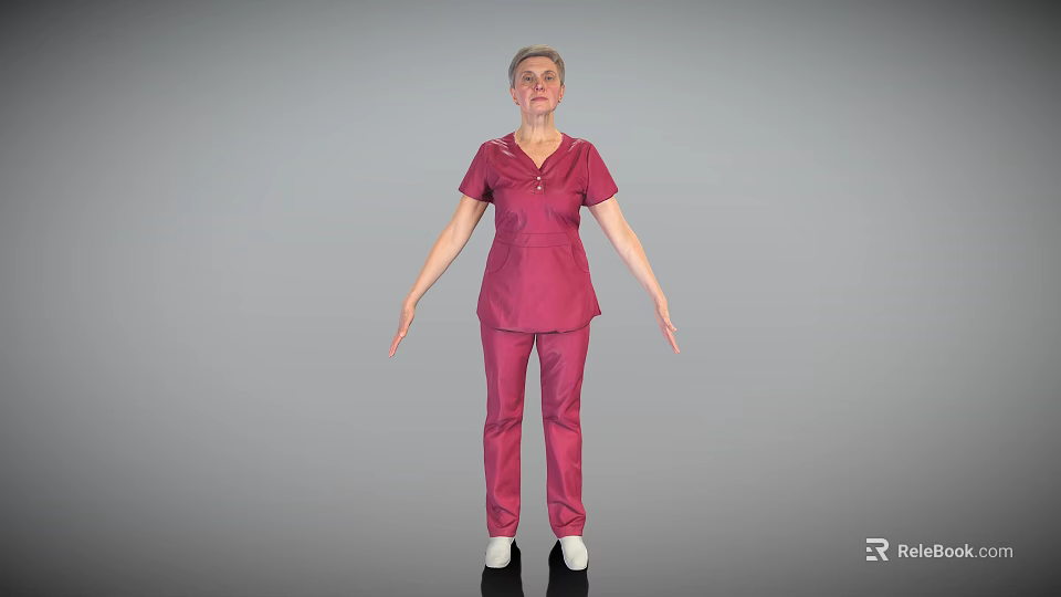 Woman in Pink Medical Uniform Standing with Full Body Front View on Gray Background 3d model 