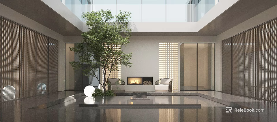 Modern Garden Accents With Large Tree Round Ornament Glass Walls And Fireplace In Indoor Courtyard 3d model 