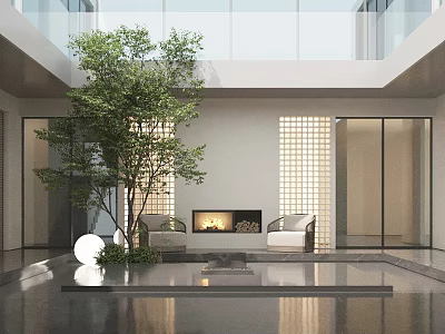 Modern Garden Accents With Large Tree Round Ornament Glass Walls And Fireplace In Indoor Courtyard 3d model