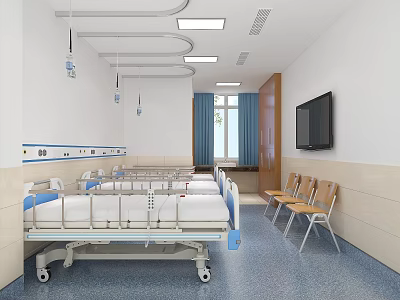 Bright Hospital Ward With Multiple Beds IV Stands Chairs Wall TV And Window Curtains 3d model