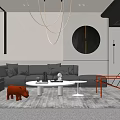 Modern Living Room With Black Sofa White Round Coffee Table Orange Figurine And Gray Rug