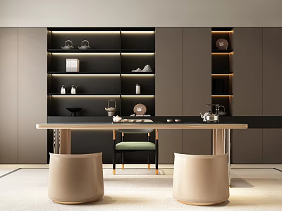 Modern Tea Room Interior With Shelves Tea Sets Table Chair And Stools 3d model
