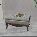 Checkered Upholstered Ottoman Bench With Wooden Carved Legs And Decorative Pinecones Greenery