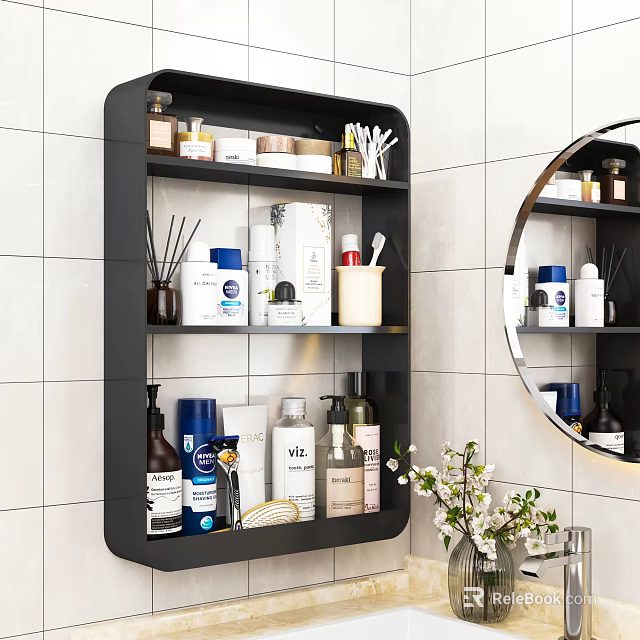 Black Modern Bathroom Wall Shelf Organizing Toiletries on White Tiled Wall with Round Mirror 3d model 