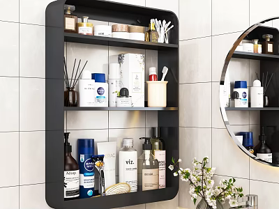 Black Modern Bathroom Wall Shelf Organizing Toiletries on White Tiled Wall with Round Mirror 3d model