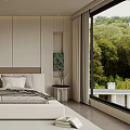 Modern Bedroom Interior Design With Large Bed Minimalist Headboard Wooden Floor Green View Through Window