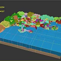 Cartoon Island Scene With Blue Water Green Trees Sandy Beach And Palm Trees