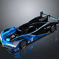 Blue And Black Streamlined Race Car With Aerodynamic Rear Wing And Number 10