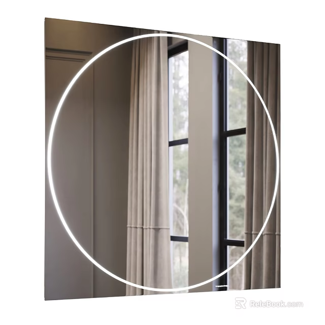 Round Mirror in Modern Room With Neutral Curtains and Window View 3d model 