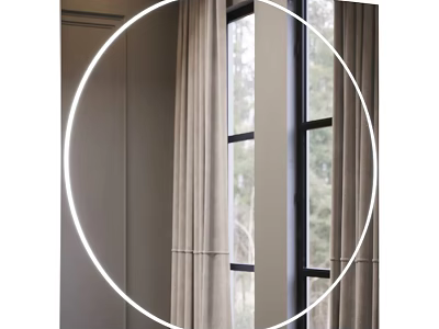 Round Mirror in Modern Room With Neutral Curtains and Window View 3d model