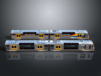 Modern Metro Trains with Silver Body Yellow Doors and Multiple Carriages 3d model