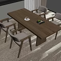 Modern Dining Room Setup With Wooden Long Table Four Chairs Coffee Cup And Fruit Plate