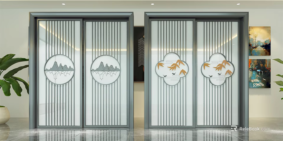 Elegant Modern Sliding Doors With Vertical Stripes And Mountain Maple Patterns 3d model