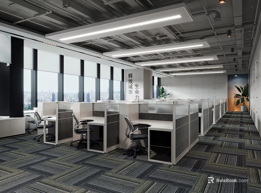 Modern Public Office Space Interior With Work Cubicles Large Windows Office Chairs And Patterned Carpet 3d model 