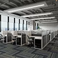 Modern Public Office Space Interior With Work Cubicles Large Windows Office Chairs And Patterned Carpet 3d model