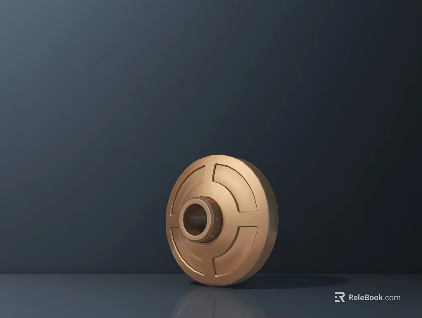 Golden Circular Sculpture with Central Hole and Geometric Designs on Flat Surface Against Dark Background 3d model 