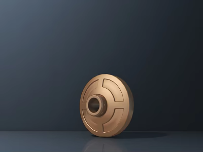 Golden Circular Sculpture with Central Hole and Geometric Designs on Flat Surface Against Dark Background 3d model