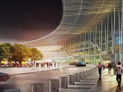 Modern Public Building with Curved Roof at Night Pedestrians Walking Near Trees in Plaza 3d model