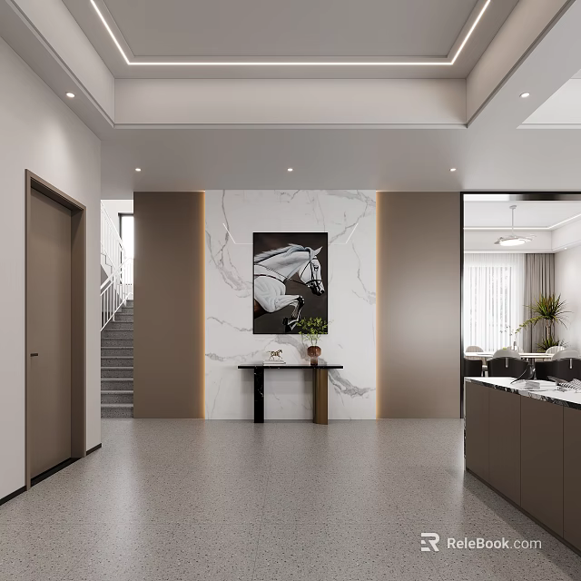 Modern Entryway Interior Design With Marble Wall Decorative Painting And Console Table 3d model