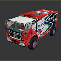 Red Eunil Trucks Racing Vehicle With Brand Logos And Decorative Graphics