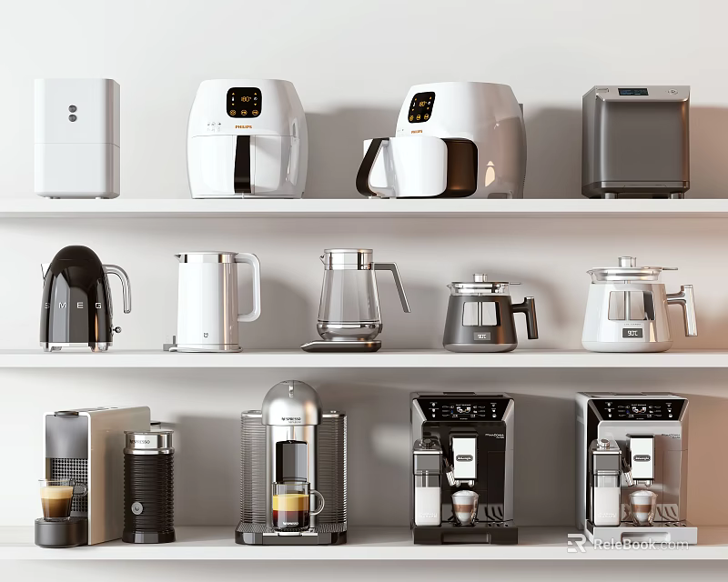 Modern Household Electrical Appliances Display On Shelves With Coffee Makers And Kettles 3d model 