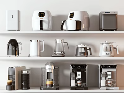 Modern Household Electrical Appliances Display On Shelves With Coffee Makers And Kettles 3d model