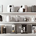 Modern Household Electrical Appliances Display On Shelves With Coffee Makers And Kettles