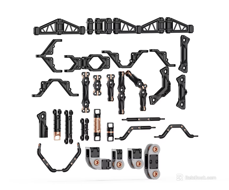 Black Mechanical Parts Including Various Frame Brackets Connectors And Hardware Components 3d model