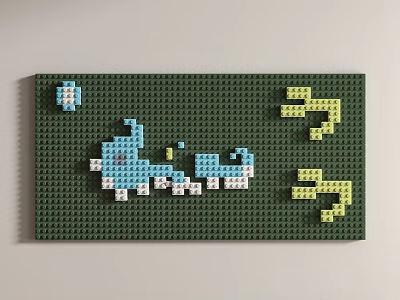 Green Lego Brick Background Wall With Blue Whale White Waves And Yellow Seaweed 3d model