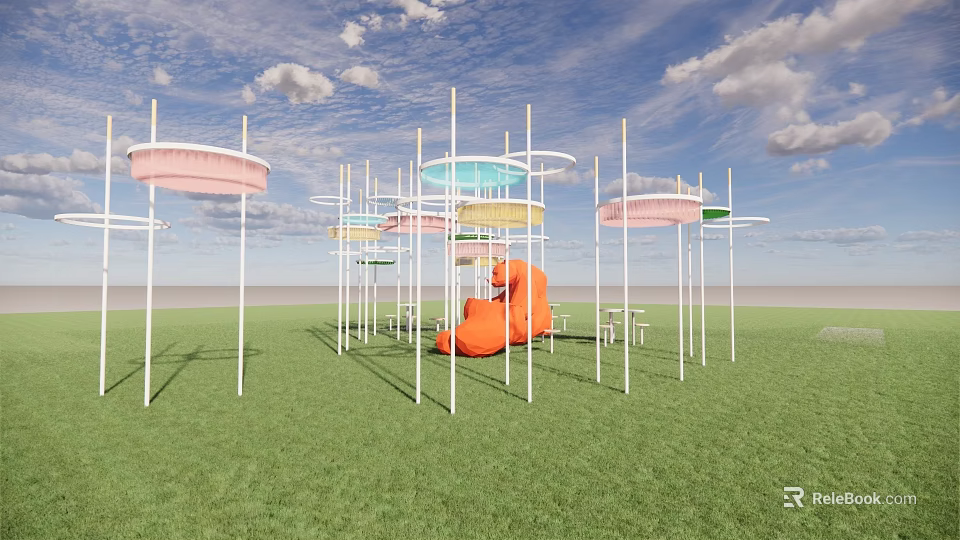 Outdoor Pergola With Colorful Canopies White Pillars And Green Grass Field 3d model 