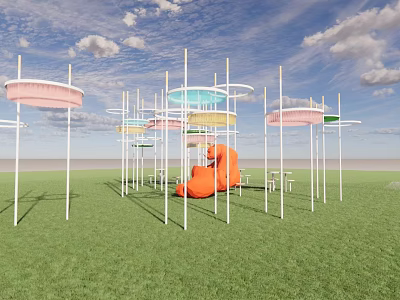 Outdoor Pergola With Colorful Canopies White Pillars And Green Grass Field 3d model