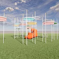 Outdoor Pergola With Colorful Canopies White Pillars And Green Grass Field