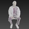 Man In Purple Scrubs And White Lab Coat Sitting On Chair With Gray Background