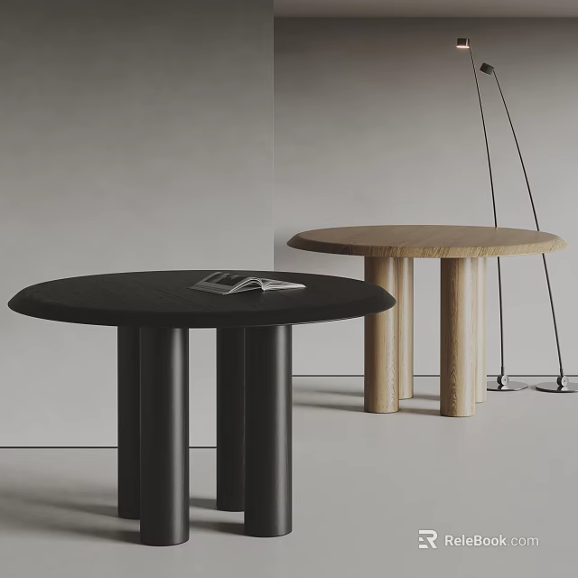 Black and Light Wood Modern Dining Chairs with Round Tables Gray Wall Floor Lamp 3d model 