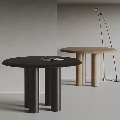 Black and Light Wood Modern Dining Chairs with Round Tables Gray Wall Floor Lamp 3d model