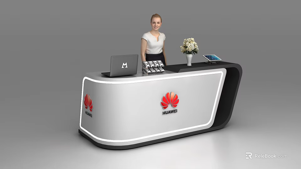 Modern Huawei Reception Desk With Laptop Flower Vase And Office Calculator 3d model 