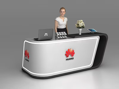 Modern Huawei Reception Desk With Laptop Flower Vase And Office Calculator 3d model