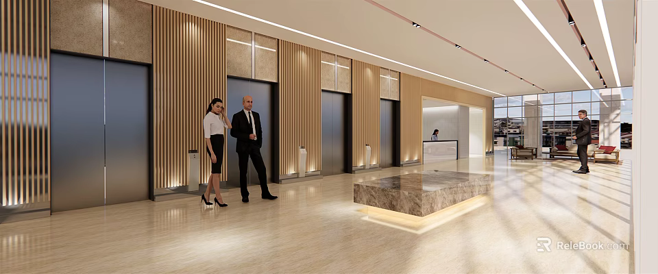Modern Elevator Lobby With Wooden Panel Walls Marble Flooring And Business Professionals 3d model 