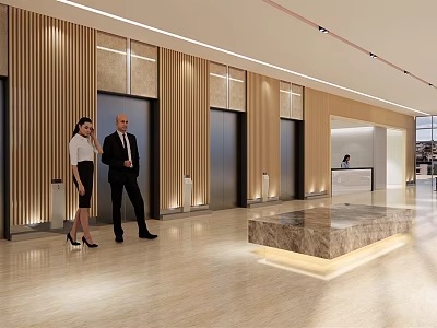Modern Elevator Lobby With Wooden Panel Walls Marble Flooring And Business Professionals 3d model
